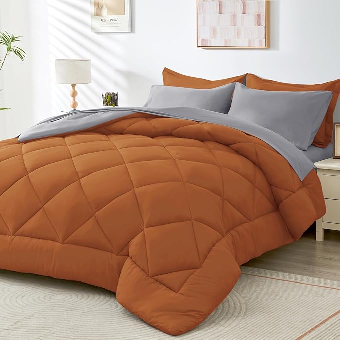 HEVUMYI Full Comforter Set - 7-Piece All Season Bed in a Bag Full, Ultra Soft Bedding Set with Comforter, Flat Sheet, Fitted Sheet, Pillowcases, Pillow Shams, Orange & Light Grey