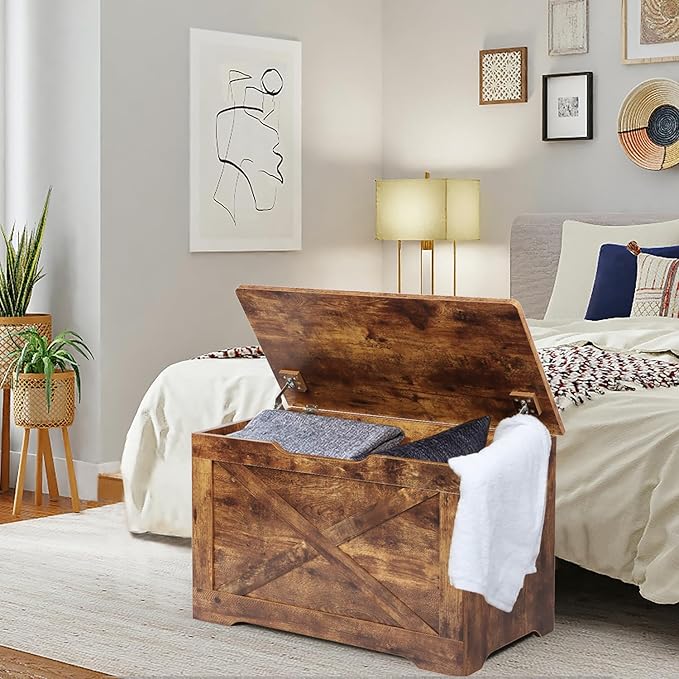 Storage Chest, Wooden Storage Bench, Entryway Shoes Bench with 2 Safety Hinges, Retro Storage Trunk for Living Room, Bedroom, 15.7 x 31.5 x 18.9 Inches, Rustic Brown