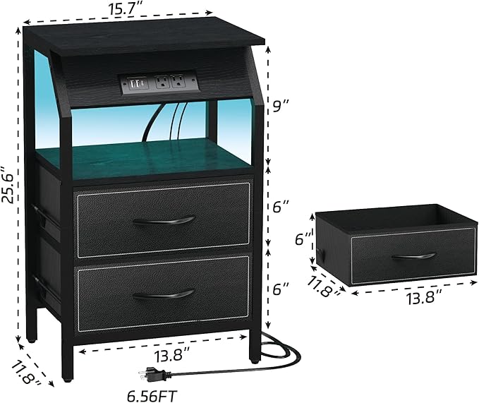 End Table with Light, LED Nightstand with 2 Drawers and Type C Charging Station, Small Fabric Dresser for Bedside, Storage Side Table for Living Room, Dorm, Black