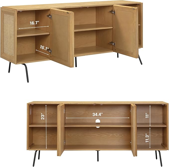 NTC MOSSIC Modern Sideboard with 4 Doors, Natural Rattan Storage Cabinet, Buffet with Metal Legs, Boho Accent Cabinet for Living Room, and Entryway, Effortless Assembly, Sand