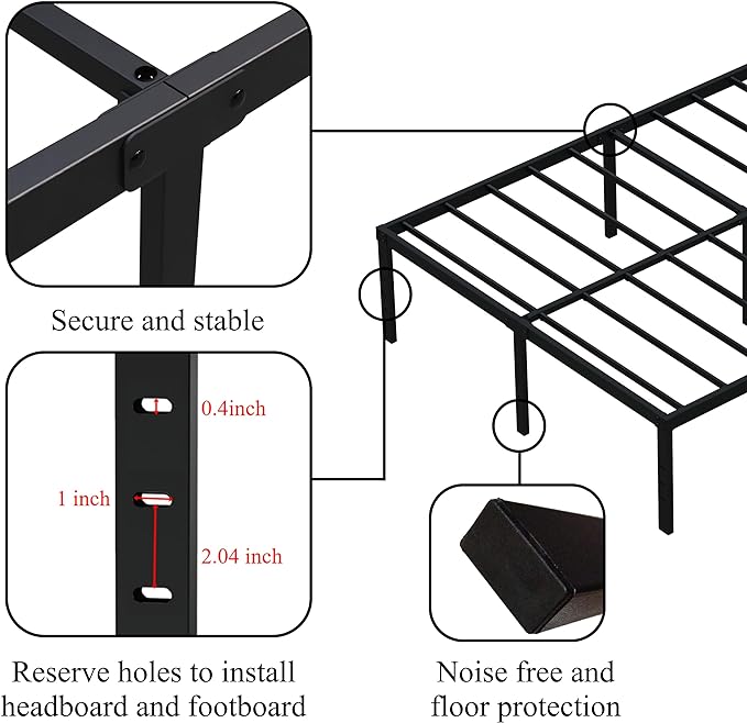 18 Inch Twin Bed Frames No Box Spring Need, Metal Platform Bed Frame Twin Size with High Storage, Eassy Assembly 2,500 Lbs Heavy Duty Bedframes, Black