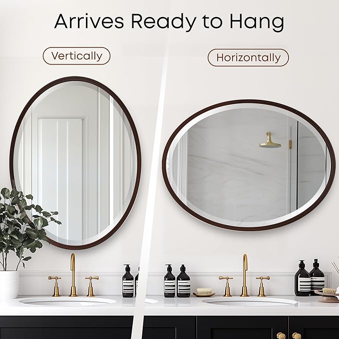OVALCREST - Oval Wooden Beveled Wall Mirror for Home Decor, Bathroom, Vanity, Bedroom, Living Room, Hallway - London Style (Black Walnut) 25.1 x 31.1