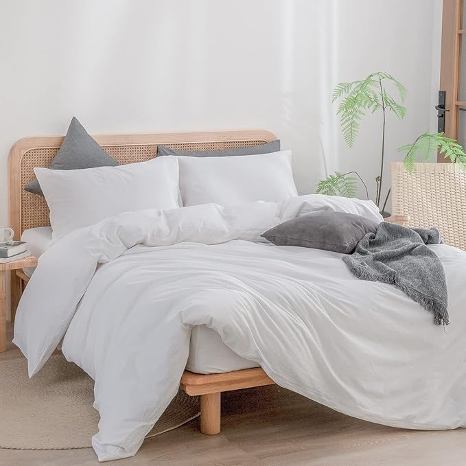 BESTOUCH Duvet Cover Set 100% Washed Cotton Linen Feel Super Soft Comfortable Chic Lightweight 3 PCs Home Bedding Set Solid Bright White Oversized Queen
