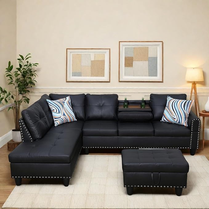 97" L Shaped Sectional Couch with Cup Holder, Modern 4 Seat Modular Sectional Sofa with Storage Ottoman, Living Room Sets for Small Spaces, Apartment, Faux Leather, Black