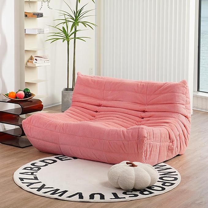 N&V Fireside Loveseat, Mid Century Armless Twin Size Floor Sofa, Soft Premium Corduroy Floor Lounge Chair, Foam Sofa Accent Chair for Living Room Bedroom and Office, Salmon, Full