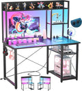Cyclysio Gaming Desk with Hutch, 39'' Computer Desk with LED Lights & Power Outlets, Home Office Desk with Reversible 5 Tiers Storage Shelves & Monitor Stand, Small Gaming Table for Small Space, Black