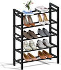 Haddockway Bamboo Shoe Rack for Closet, Free Standing Shoe Organizer with Smooth Round Rods & Convenient Handles, Stackable Shoe Storage Shelf for Entryway, Hallway(Black, 5-Tier(Small))
