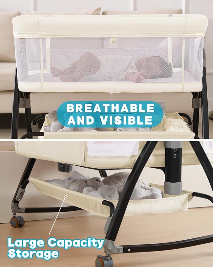 3 in 1 Baby Bassine Crib with Breathable Mesh, Bassinet Bedside Sleeper with Wheels, Mosquito Net, Storage Basket, 6 Height Adjustable, Easy to Fold, Rocking Bassinet for Baby