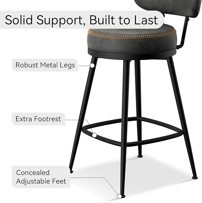 Counter Height Bar Stools, 26" H Swivel Barstools Set of 8, Faux Leather Kitchen Counter Stools with Back and Stylish Stitching, Metal Frame, Pub, Home Bar, Black Grey