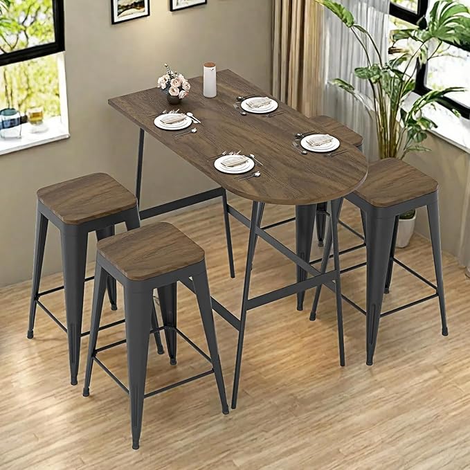 26 inch Backless Bar Stools Set of 4, Indoor Metal Bar Stools with Wood Seat, Industrial Counter Height Barstools for Kitchen Island, Black