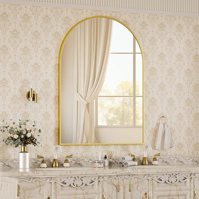 BEAUTYPEAK 30"x40" Arch Bathroom Mirror, Wall Mounted Vanity Metal Frame Mirror for Bedroom, Entryway, Living Room, Gold