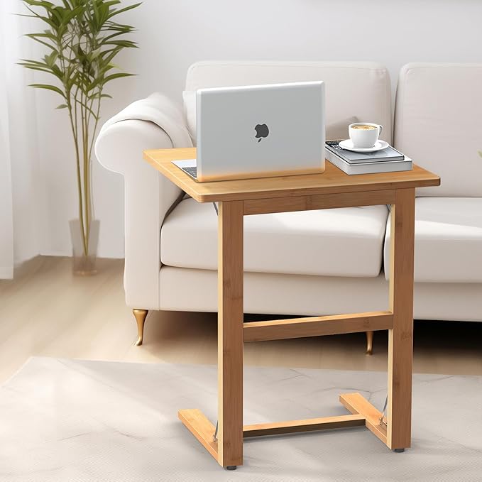 Tatub 24'' Folding TV Tray Table, Foldable C Shaped End Table Slide Under Couch, Small Sofa Side Laptop Desk for Living Room, Bedroom, Nature