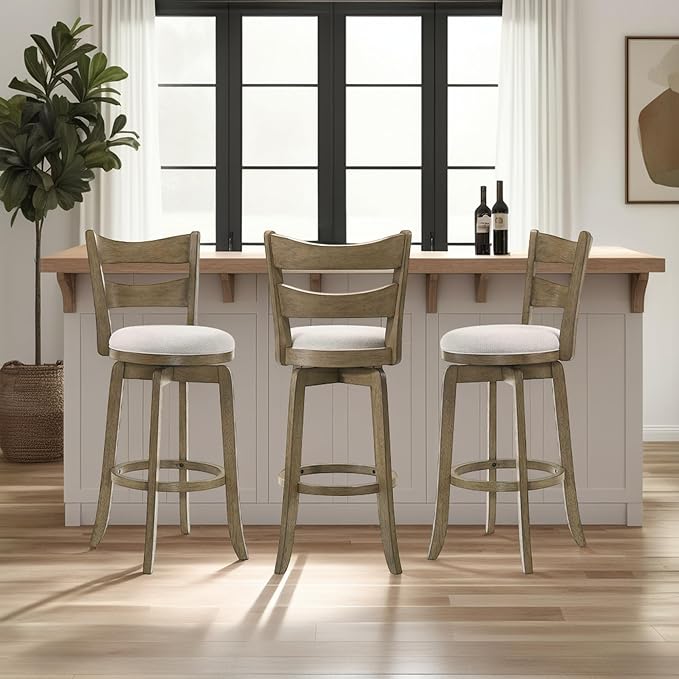 Armen Living Blair 30 in. Putty Brown Bar Height Rubberwood Swivel Barstool with Cream Fabric Seat - Set of 2