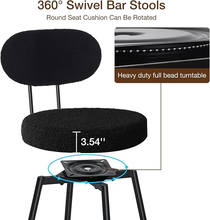 HOMMPA Counter Height Swivel Bar Stools Set of 2 Boucle Barstools 26'' Upholstered Modern Counter Barstools with Back Metal Legs Bar Stools Chairs for Kitchen Counter Island Black