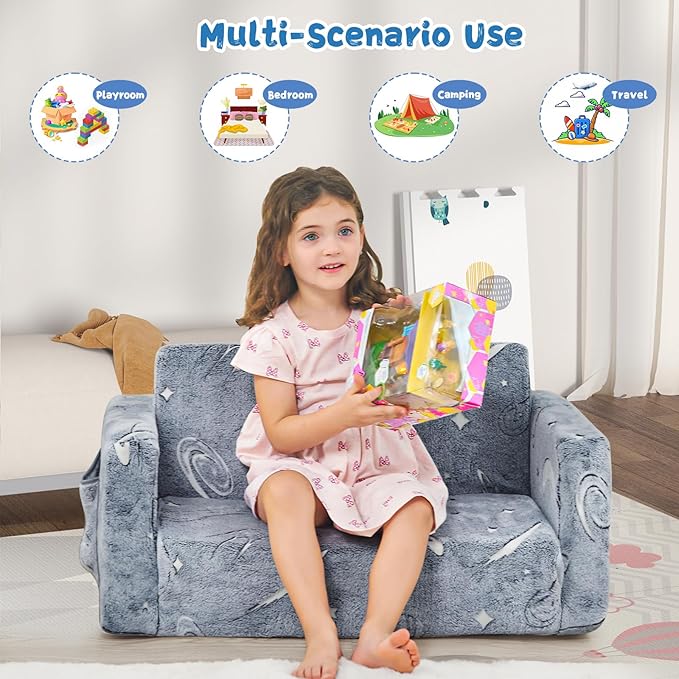 Toddler Chair Comfy,2-in-1 Soft Toddler Couch Fold Out for Kids,Convertible Sofa to Lounger,Gift for Girls and Boys Birthday,Space,Large