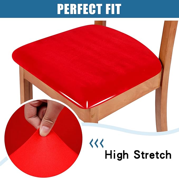 Smiry Velvet Seat Covers for Dining Room Chair Set of 6, Stretch Fit Removable Washable Chair Seat Cushion Protector Slipcovers with Ties, Red