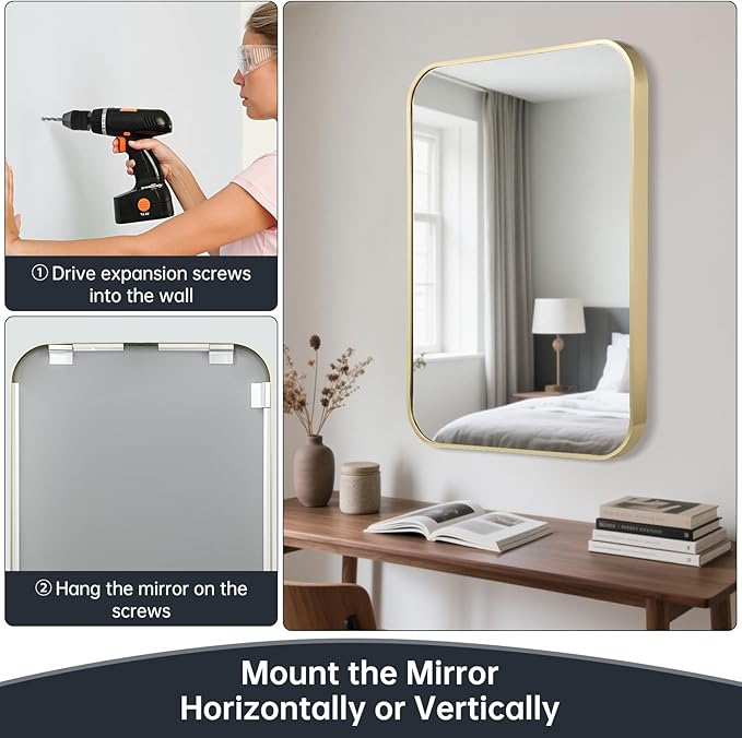 22x30 Inch Bathroom Mirror for Wall,Gold Framed Rectangle Mirror with Rounded Corner,Aluminum Alloy Framed Brushed Wall Mirror for Bedroom or Living Room,Vertical or Horizontal