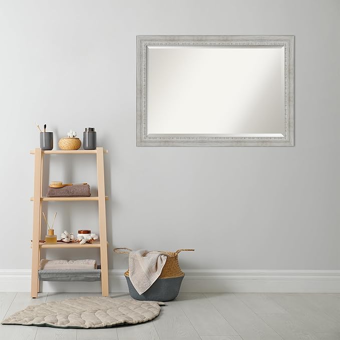 Amanti Art White Bathroom Mirror for Over Sink, 29x41 Rustic White Wash Rectangle Vanity Mirror, Large Rustic Farmhouse Wood Frame, Hangs Horizonally and Vertically, Bathroom Wall Decor, Beveled Edge