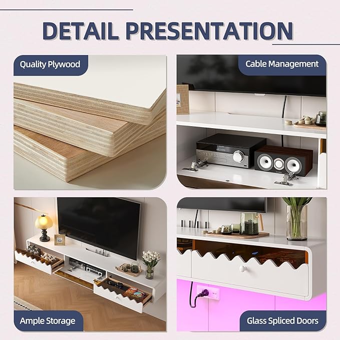 Floating TV Stand, 70IN Fully-Assembled Wall Mounted Wave Glass with Flip-Down Door & Drawers, Modern Media Entertainment Console Under TV Shelf for Livingroom