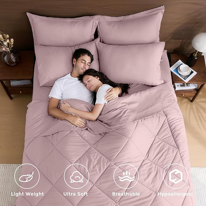 HEVUMYI Rose Gold King Comforter Set - 7-Piece All Season Bed in a Bag King, Ultra Soft Bedding Set with Comforter, Flat Sheet, Fitted Sheet, Pillowcases, Pillow Shams