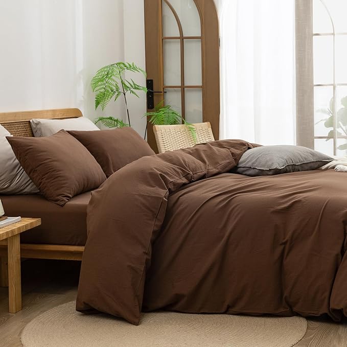 BESTOUCH Duvet Cover Set 100% Washed Cotton Linen Feel Super Soft Comfortable Chic Lightweight 3 PCs Home Bedding Set Solid Cocoa Brown King