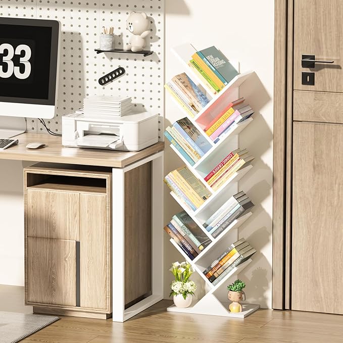 10 Tier Tree Book Shelf, Floor Standing Wood Bookshelf for Narrow Space, Storage Organizer Bookshelves for Books/CDs/Magazine, Bookcase with Shelves for Home Office, Living Room - White