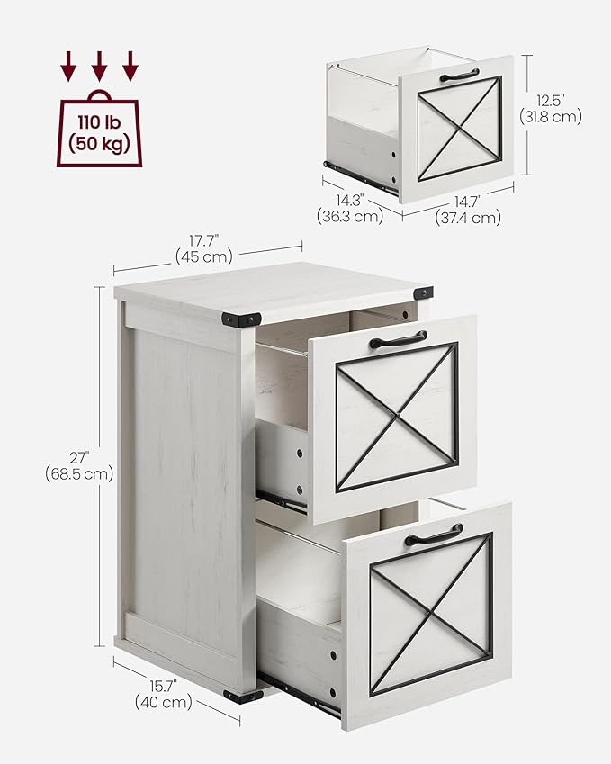 VASAGLE File Cabinet, Filing Cabinet with 2 File Drawers, Printer Stand, Fit A4, Letter Size, Hanging File Folders, Modern Farmhouse Style, for Home Office, Rustic White UOFC048T73