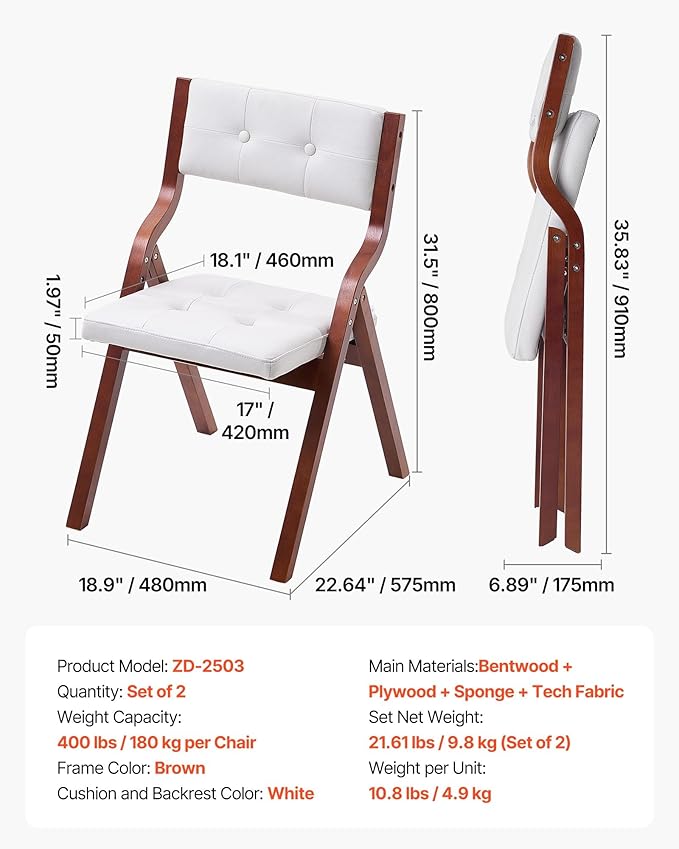 VEVOR Wooden Folding Chairs with Cushion, Set of 2, Portable Foldable Cushion Chair with Wooden Frame, Modern Padded Dining Chair for Kitchen, Office, Wedding, Party, Dining Room, Easy Assembly, White