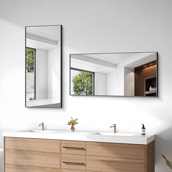 24x48 Inch Large Black Mirror for Bathroom, Black Framed Bathroom Mirror, Bathroom Mirror for Wall Over Sink, Rectangle Wall Mirror for Living Room, Bedroom, Bathroom, Hangs Horizontally or Vertically