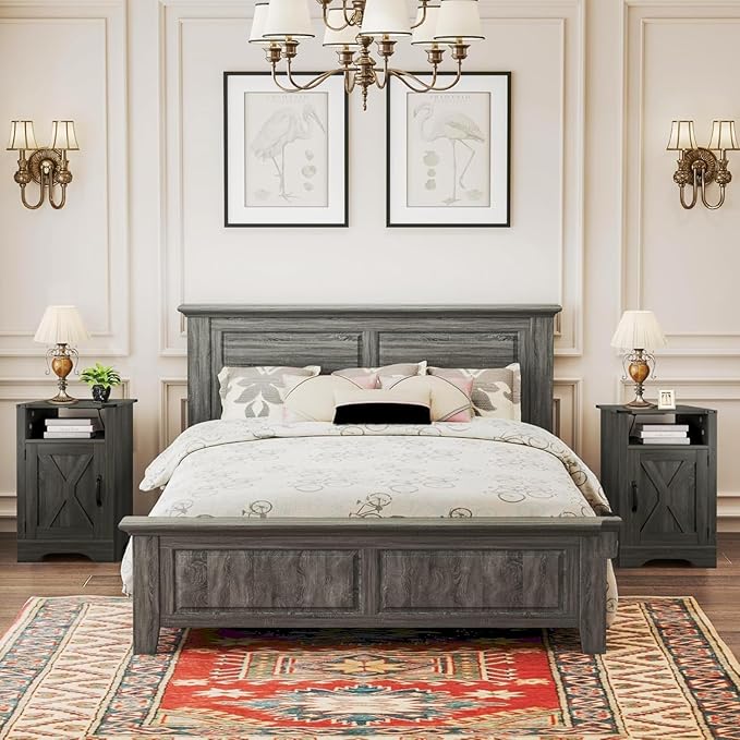 RoyalCraft Farmhouse Nightstand, Grey Night Stand with LED Lights and Charging Station, Bedside Table Set of 1 with Storage and Door, Wood End Table for Bedroom, Home Office, Dark Grey