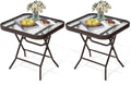 Foldable Outdoor Side Table Set of 2 with Tempered Glass Top Square 18" Folding Patio Side Tables Set of 2 Small Glass End Table for Patio Porch Yard Balcony Deck Lawn Dining Garden (Brown)