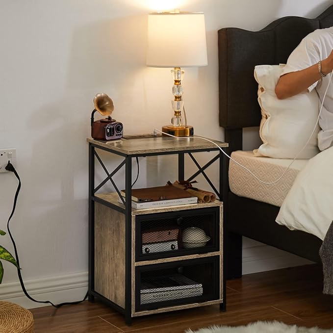 VECELO Grey Side End Tables with Charging Station,24" Set of 2 Nightstand with USB Ports and Outlets Bedside Furniture for Living Room, Bedroom,Sofa Couch
