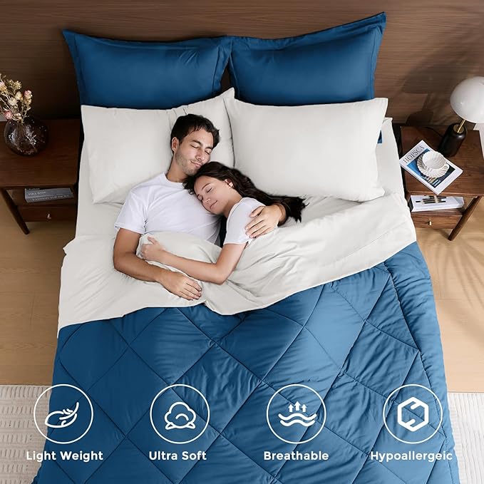HEVUMYI Teal Blue & Ivory King Comforter Set - 7-Piece All Season Bed in a Bag King, Ultra Soft Bedding Set with Comforter, Flat Sheet, Fitted Sheet, Pillowcases, Pillow Shams, Teal Blue & Ivory