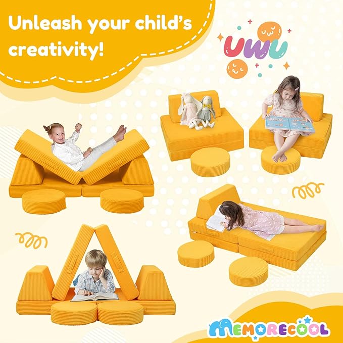 MeMoreCool Kids Couch for Playroom, Corduroy Convertible Toddler Couch, 8 Piece Modular Play Sofa, Foam Fort Building Set for Child Room Furniture, Yellow