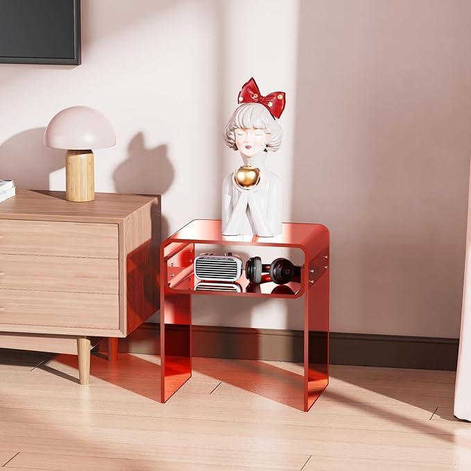Clear Acrylic End Table 2-Tier Bedside Nightstand for Living Room Bedroom (1, Red)