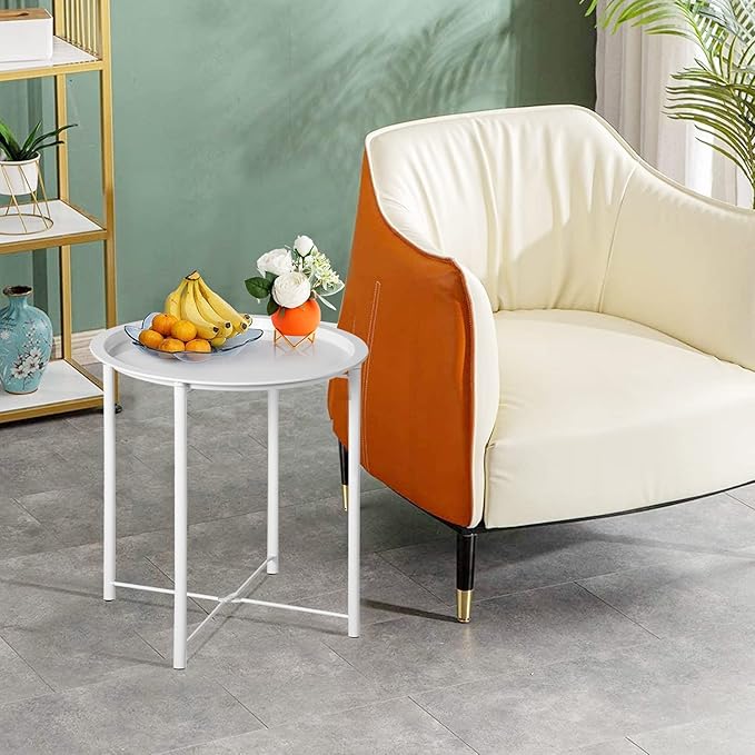 VECELO Side/End Table, Folding Round Metal Anti-Rust and Waterproof Outdoor or Indoor Tray for Living Room Bedroom Balcony and Office, 1 PCS, Beige