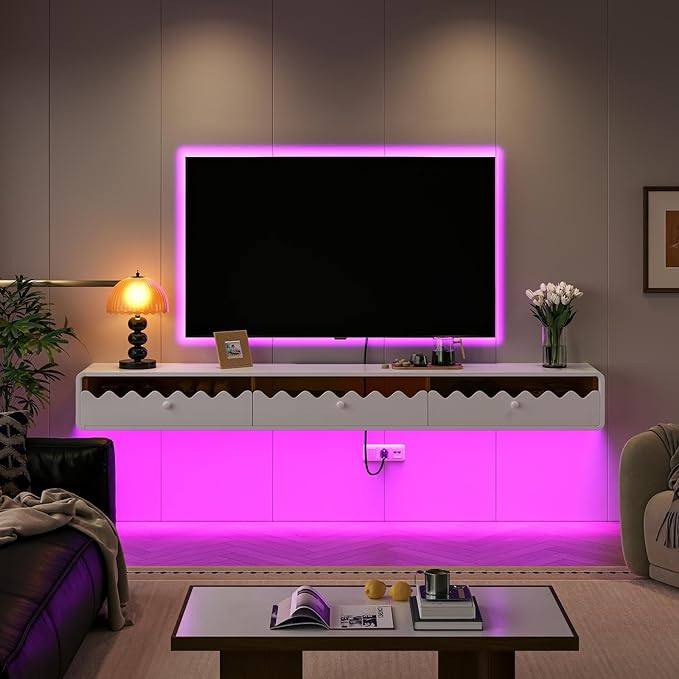 Floating TV Stand, 55IN Fully-Assembled Wall Mounted Wave Glass with Flip-Down Door & Drawers, Modern Media Entertainment Console Under TV Shelf for Livingroom