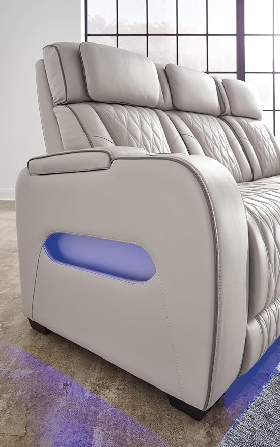 Signature Design by Ashley Boyington Contemporary Leather Match Power Reclining Sofa with USB Charging Ports, LED Lights and Adjustable Headrest, Light Gray