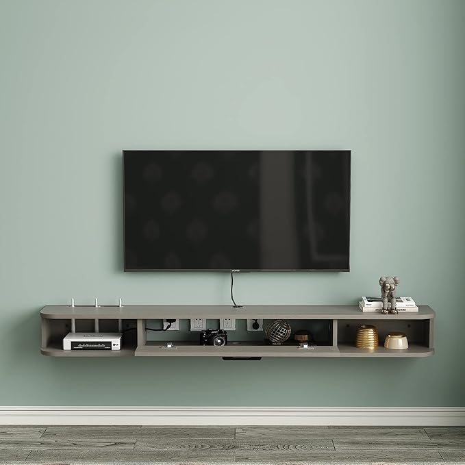 Pmnianhua Floating TV Stand,47'' Wall Mounted Floating Media Console for TVs up to 50 inches,Floating TV Shelf with Storage for Gaming Consoles Small Spaces Apartments, Bedrooms (Light Grey Oak)
