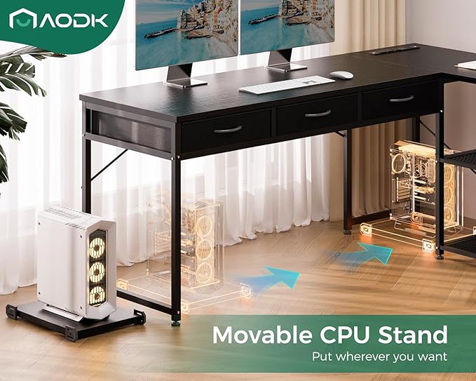 AODK 61 Inch L Shaped Computer Desk with Drawers, Corner Desk with Power Outlets & Reversible Storage Shelves, Movable CPU Stand for Home Office Gaming, Black