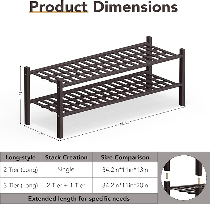 Haddockway Long 2 Tier Bamboo Shoe Rack Storage Organizer, Multifunctional Free Standing Stackable Shoe Shelf with Grid Panel for Closet,Hallway,Entryway,Small Space 34.2"x11"x13"(Brown, 2-Tier(Long))