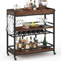 BON AUGURE Bar Cart for The Home, Rolling Home Bar Serving Cart on Wheels, 3 Tier Liquor Beverage Carts with Wine Rack and Glass Holder (Rustic Oak)