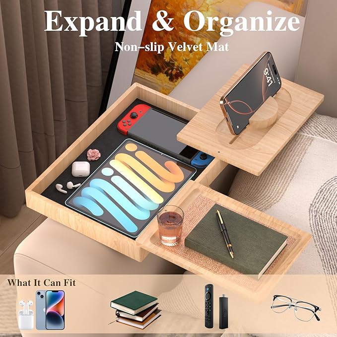 Bamboo Couch Arm Table with 2 Rotating Lids & Adjustable Phone Holder,Foldable Couch Arm Tray,Non-Slip Arm Rest Table Clip for Couch Pillow,Sofa Arm Tray for Snacks,Drinks or Dining