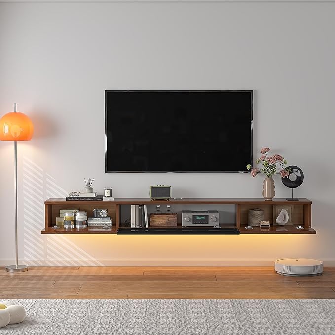 High Gloss Floating TV Stand,55'' Wall Mounted TV Console,Under TV Floating Shelf,Floating TV Cabinet with 3 Doors for Bedroom Living Room(Walnut)