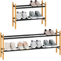 STORAGE MANIAC Expandable Shoe Rack, 8 Pairs Stackable Small Shoe Rack, Metal Adjustable Shoes Organizer for Closet, Entryway, Hallway, Garage, Front Door, Shoes Shelves, Bamboo 2 Tier