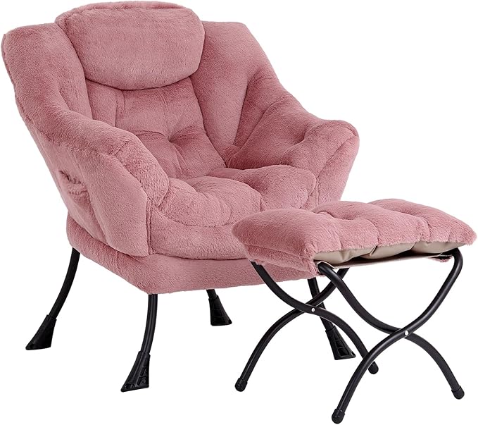Cozy Lazy Chair and Ottoman, Large Contemporary Accent Lounge Chair Set, Leisure Upholstered Reading Armchair for Bedroom, Living Room, Dorm Rooms, Office