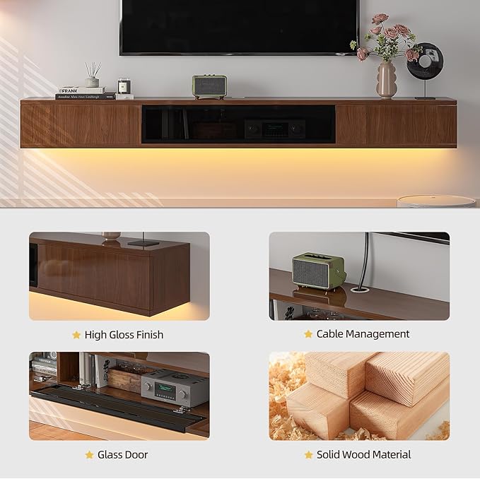 High Gloss Floating TV Stand,78'' Wall Mounted TV Console,Under TV Floating Shelf,Floating TV Cabinet with 3 Doors for Bedroom Living Room(Walnut)