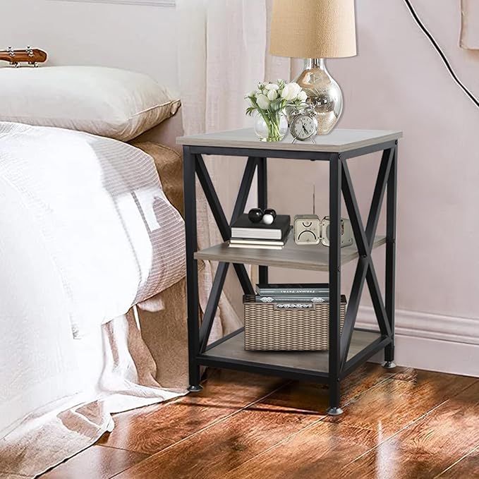 End Tables Living Room Set of 2, 16" D x 16" W x 24" H, Indoor Side Tables Living Room with Storage Shelf, Square End Table Set of 2, X-Shaped Night Stands for Bedroom, Farmhouse Wood End Tables, Grey