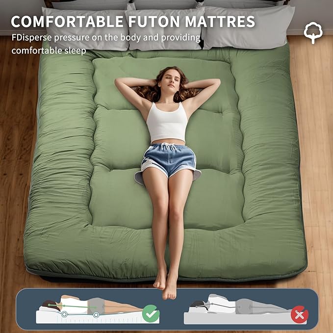 Japanese Floor Mattress,Roll Up Memory Foam Tatami Mat Easy to Store and Portable,Futon Mattress Suitable for Camping and Guest Room (Green, Queen (80" X 60"))