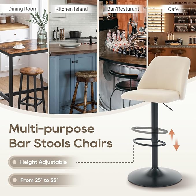 COLAMY Bar Stools Set of 3, Modern Swivel Bar Chairs, Adjustable Upholstered Barstools Counter Height with Full Backrest for Bar, Dining Room, Kitchen Island, Beige